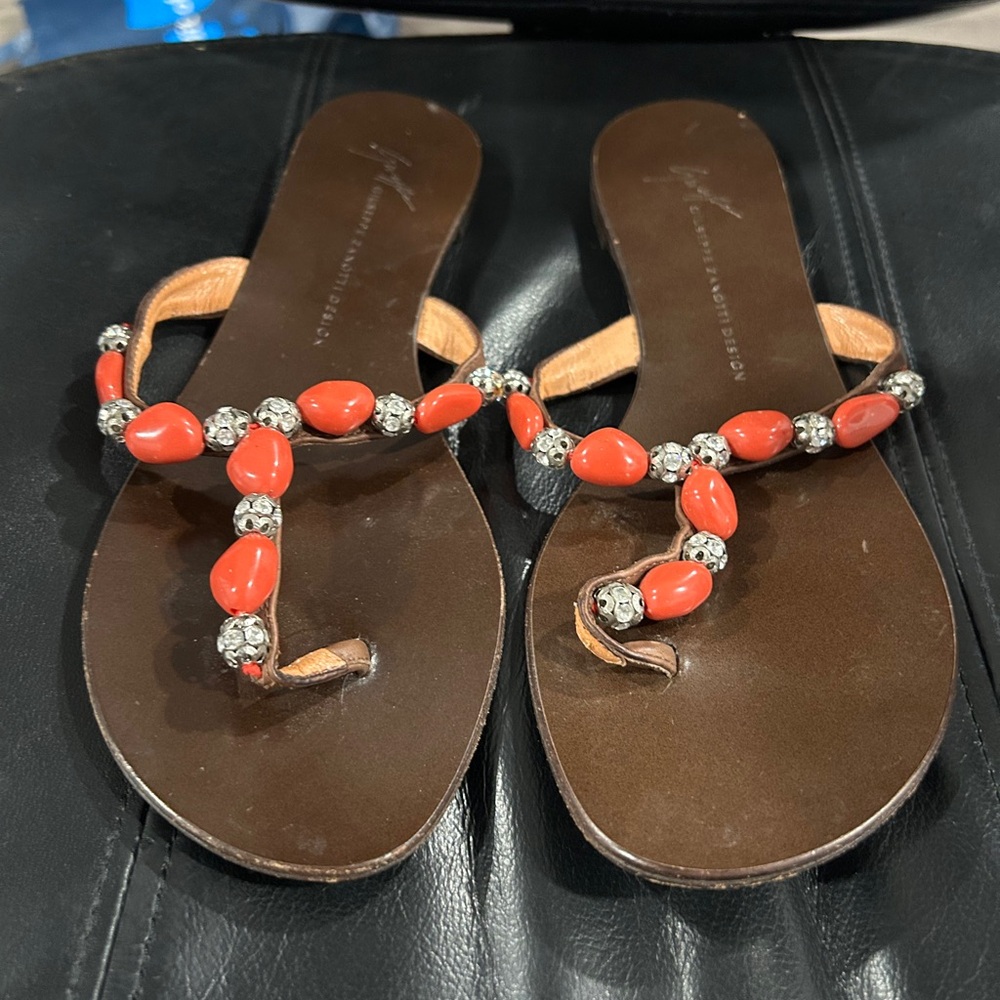 Giuseppe Zanotti Brown Leather Thong Sandals with Coral Beads